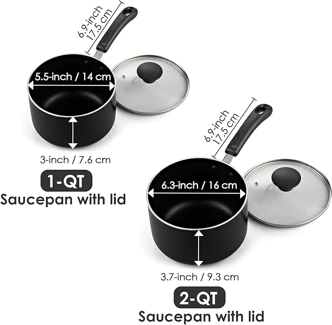 Cook N Home Nonstick Sauce Pan Set 1Qt and 2Qt, Multi-purpose Pots Set Saucepan Kitchenware with Glass Lid, Black, Aluminum