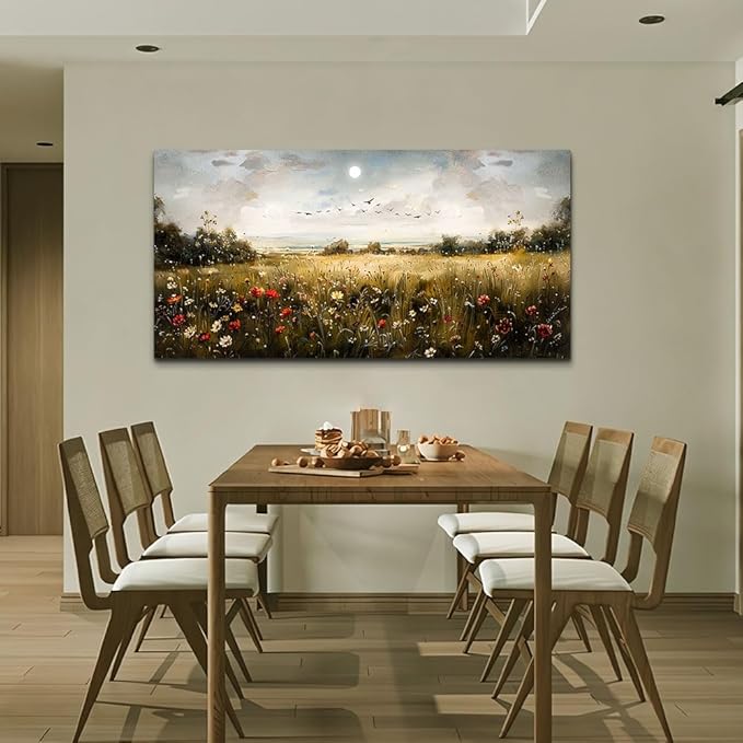 Wapluam Large Wall Art Living Room Wall Decor for Bedroom Wildflower Field Vintage Wall Art Canvas Prints Paintings Farmhouse Artworks Pictures Modern Aesthetic Home Wall Decoration Ready To Hang