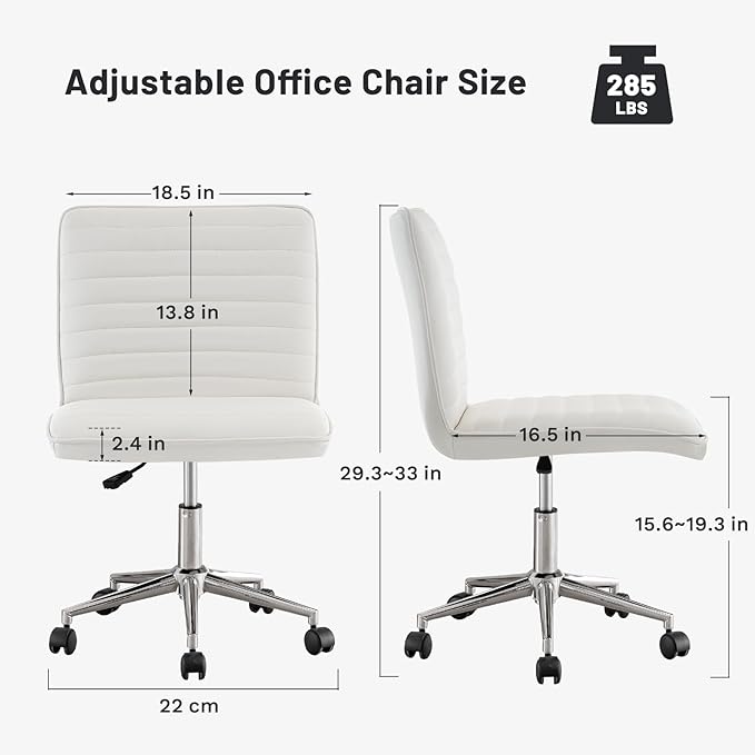 Furniliving PU Leather Home Office Chair, Armless Computer Desk Chair with 360° Swivel Wheels Adjustable Height Comfy Chrome Legs for Living Room Bedroom, Vanity, Office, Ivory White