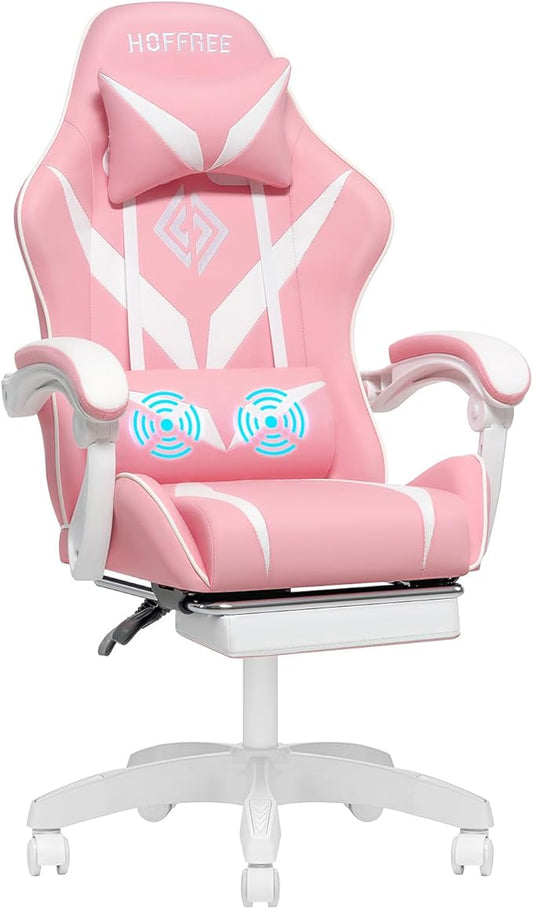 HOFFREE Pink Gaming Chair for Girls with Massage Computer Gamer Chair with Footrest and Lumbar Support Reclining PC Game Chair with Headrest for Gaming Room