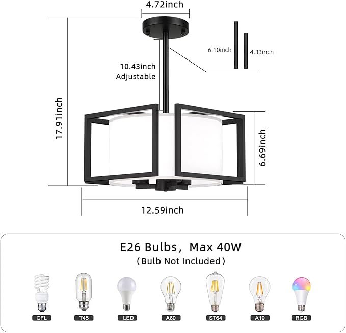 Modern Ceiling Light Fixture - Easric Semi Flush Mount Ceiling Light Industrial Light Fixtures Ceiling Mount with Fabric Shade Black Metal Frame Drum Ceiling Lights for Bedroom,Hallway,Kitchen
