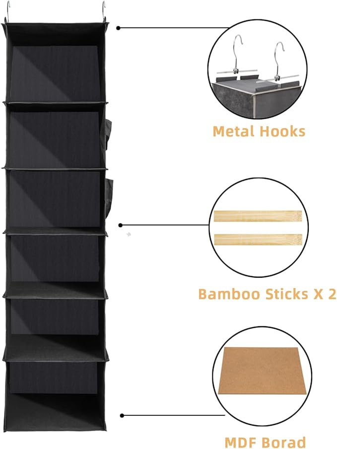 6-Shelf Hanging Closet Organizer and Storage, Collapsible Hanging Shelves for Closet with 2 Side Pockets, Hanging Shoe Organizer to Saving Space,Black