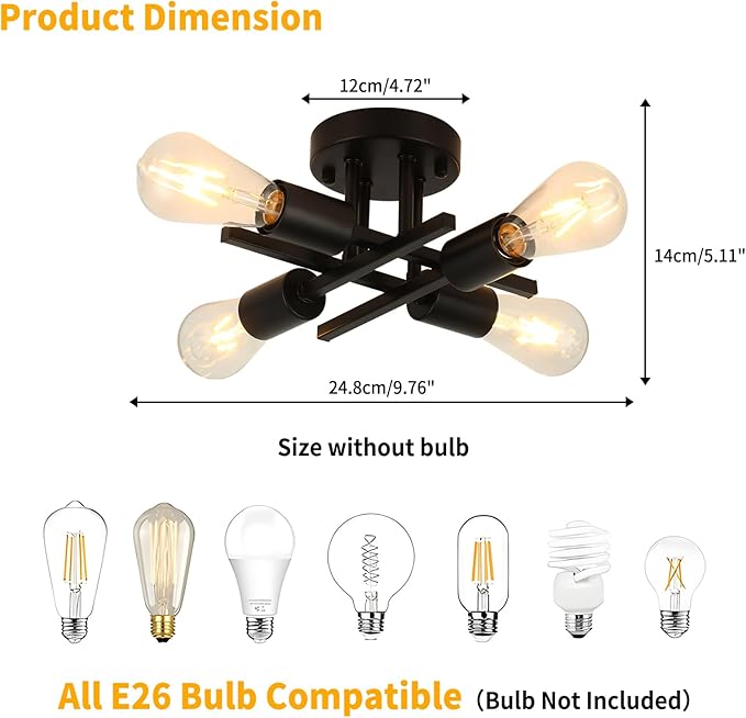 WILON Semi Flush Mount Ceiling Light Fixture, 4-Light Industrial Black Ceiling Light, Modern Sputnik Chandelier Small Ceiling Lamp for Kitchen Bedroom Living Room Dining Bathroom Laundry Hallway