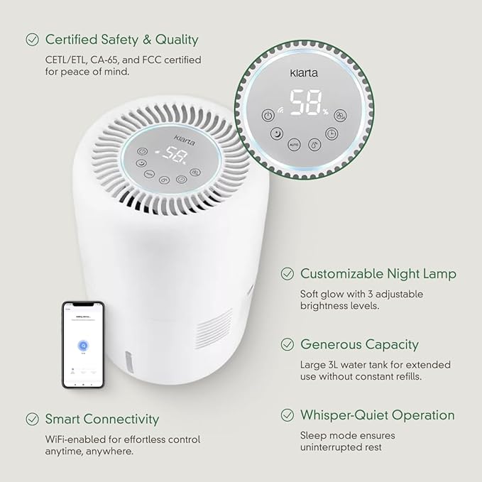 Humea Smart Evaporative Humidifier with WiFi & App Control - 3L Tank, 4 Speeds, 300ml/h - Quiet, Mist-Free, No White Dust - Nightlight - For Allergies, Dry Skin, Better Sleep - White