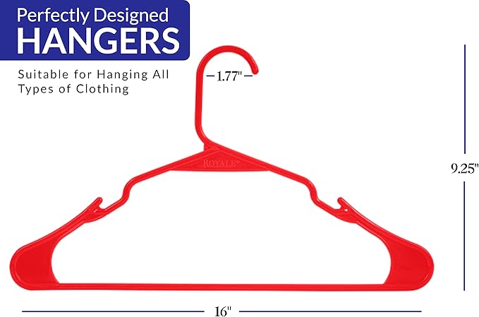 Royale Linens 20 Pack Red Plastic Hangers for Clothes - Heavy Duty Clothes Hanger for Everyday Use - Lightweight & Space Saving Notched Plastic Hangers