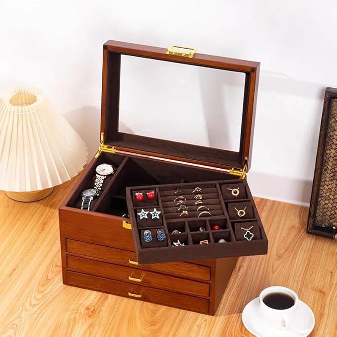 Bescott 5 Layer Solid Wooden Jewelry Box with Lock and Key for Women Men Vintage Velvet Wood Jewelry Organizer Storage for Earrings Rings Necklaces Bracelet Watch Mother’s Day Gift