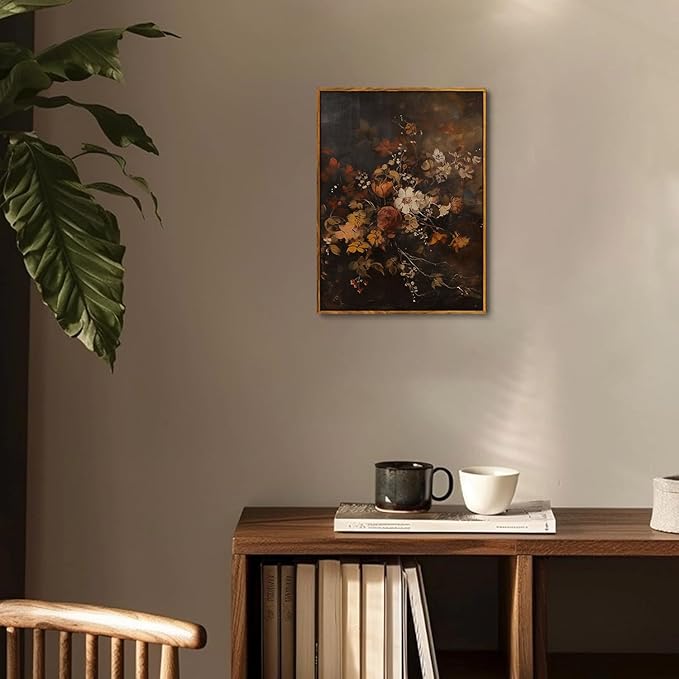 Djmwtb Vintage Framed Wall Art Dark Floral Canvas Wall Art Prints Moody Botanical Painting Flower Pictures Wall Decor Artwork for Living Room Bedroom Bathroom Office 8x10in