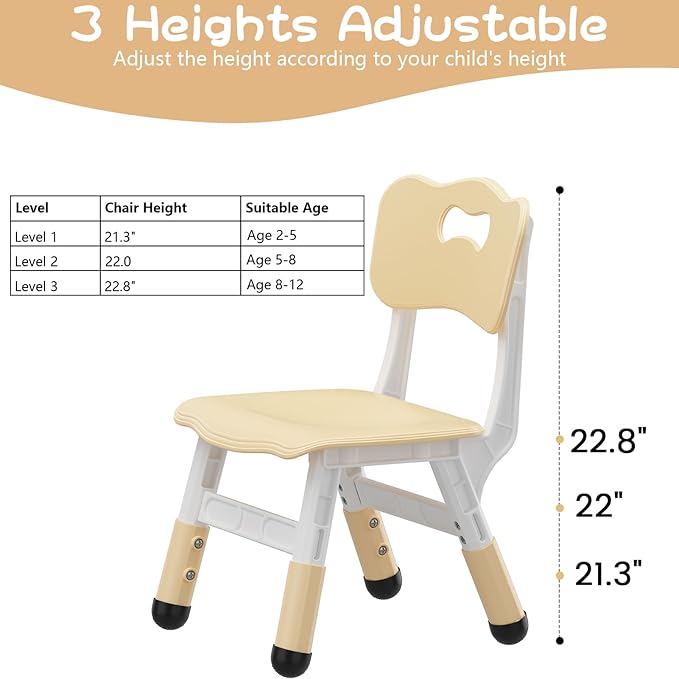 GAOMON Kids Chair Set of 2, 3 Level Height Adjustable Kid Chair, Plastic Toddler Chairs for Children Boys Girls Age 2-6, Suitable for Home Family Classroom Nursery Indoor Use, Beige