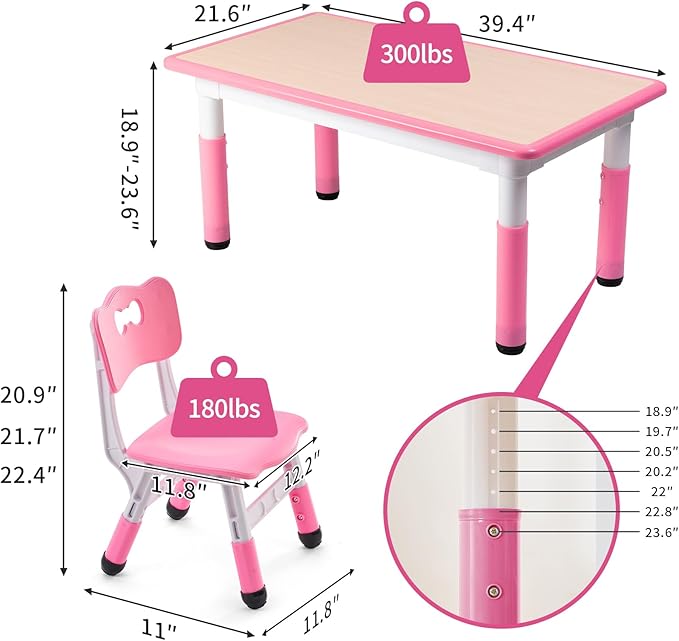 UNICOO Kids Table and Chairs Set, Height Adjustable Multi-Activity Preschool Table with Graffiti Desktop for Ages 2-8 - Versatile Kids Tables for Play, Learning, and Creativity(Maple Top/Pink Border)