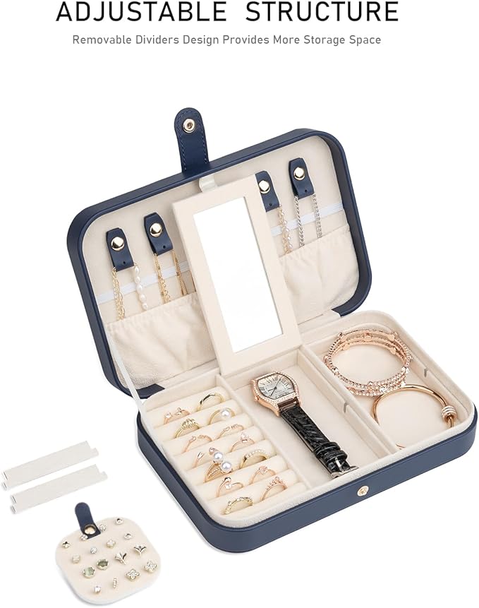 Travel Jewelry Case, Jewelry Box Small PU Leather Portable, Jewelry Travel Case for Rings Earrings Necklaces Bracelets Watch, Navy A