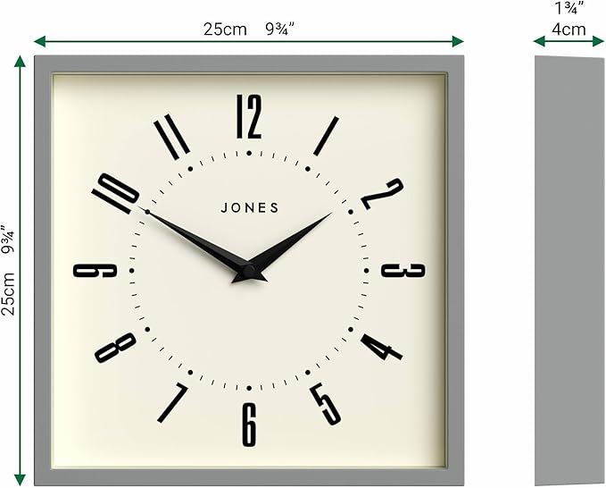 JONES CLOCKS® Box Wall Clock | Retro Square | 25cm | Gray | Easy to Read Numbers | Perfect Kitchen or Office Clock
