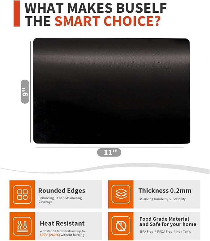 Toaster Oven Liner – Compatible with Breville, Cuisinart, Black & Decker, Dash, and More – Nonstick Heat Resistant Reusable Air Fryer Liners, PFOA & BPA Free, 9x11", 4 Pack, Black