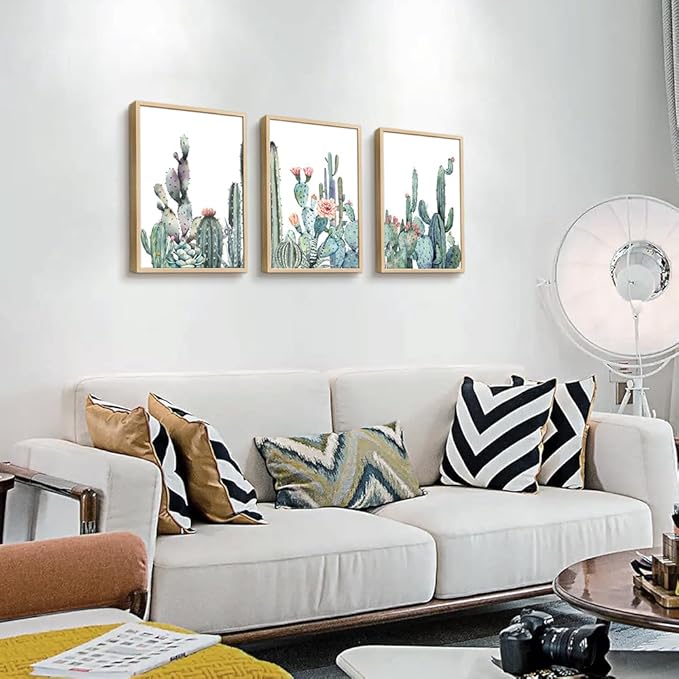 Framed Wall Art For Living Room Wall Decor Bedroom Wall Picture Artwork Of 3 Piece Green Plants Succulent Cactus Flower Painting Ready To Hang Modern Kitchen Home Decoration (Natural Wood Framed)