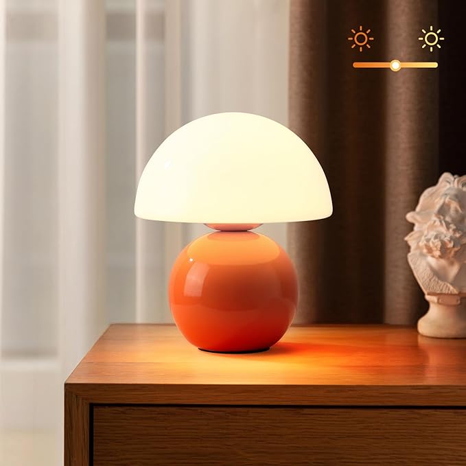 Mushroom Lamp - Ceramic Base with Multi-level Dimming | Retro-Modern Small Lamp in Vibrant Orange | Cute Aesthetic Desk/Bedside Light for Bedroom/Living Room, Decorative Accent & Thoughtful Gift