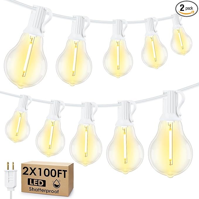 200FT(2x100FT) Outdoor String Lights, LED Patio Lights with 83 Waterproof Shatterproof A39 Dimmable Bulbs(3 Spare) for Deck Yard-2 Pack White