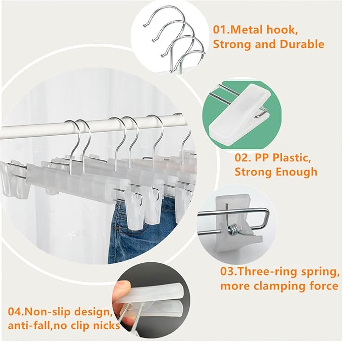 Skirt Hangers，Pants Hangers with Clips，360 ° Swivel Hooks Space Saving Hangers for Pants, Skirts, Clothes, Jeans (20Pack, Translucent)