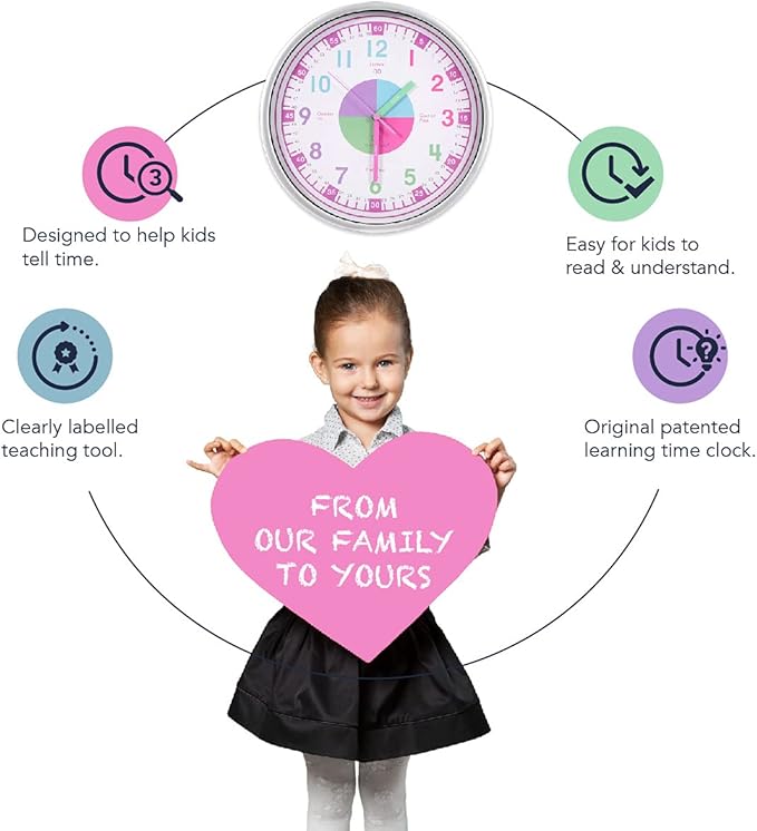 OWLCONIC Telling Time Teaching Clock for Kids - Analog for Bedrooms, Playroom, Homeschool Decor, School Classroom Learning, Educational for Learning to Tell Time