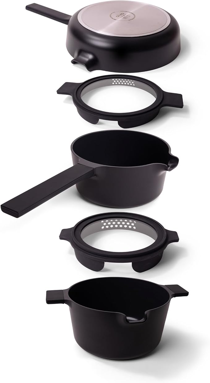 Alva Neat 5-Piece Nesting Cookware Set – Stackable Nonstick Pots & Pans with Universal Lids, Space-Saving Design for Apartments, RVs & Compact Storage - Save 50% Cabinet Space
