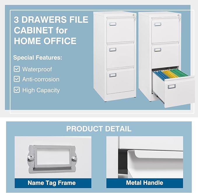 3-Drawer File Cabinet with Lock, 16.3" Deep Vertical Filing Cabinets, Metal File Cabinets for Home Office, Anti-Tip 3 Storage Drawers for Letter/Legal/A4/F4 Size (Assemble Required, White)