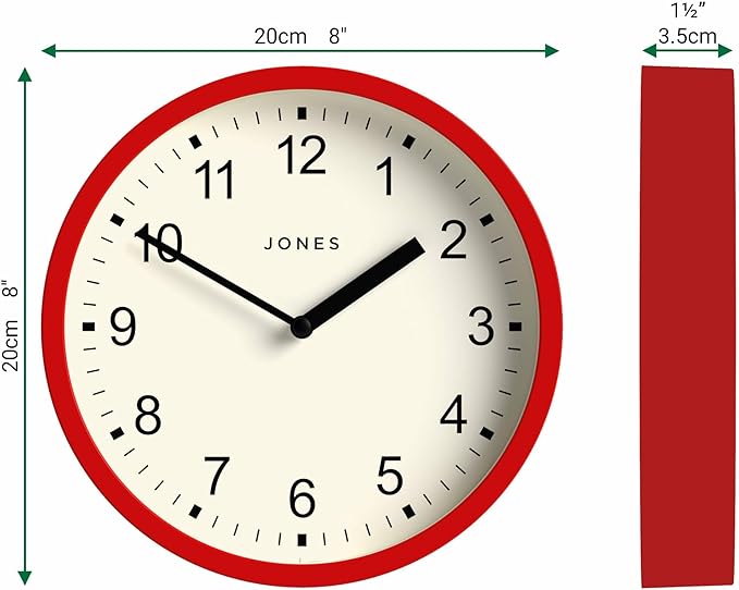 JONES CLOCKS® Spin Wall Clock | Small Modern Round Clock | 8inch | Red | Easy to Read Numbers | Ideal for Kitchen, Office, Children’s Room or Any Small Space