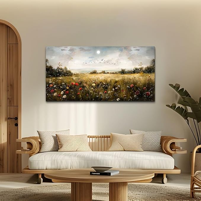 Wapluam Wall Decor For Living Room Canvas Wall Art For Bedroom Wildflower Field Vintage Wall Art Canvas Prints Paintings Farmhouse Artworks Pictures Modern Bathroom Aesthetic Home Wall Decor 40"X20"