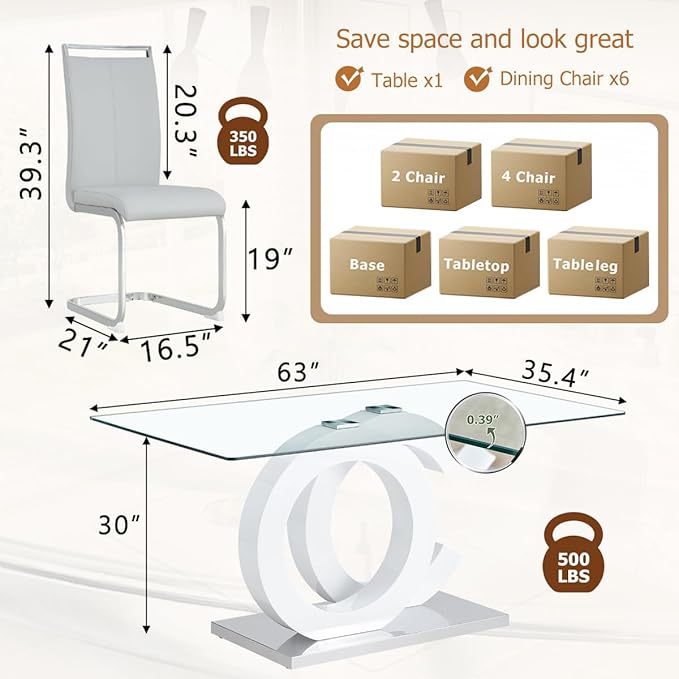 63'' Glass Dining Table Set for 6, Kitchen Table Chairs Set of 6, Clear Glass Dining Table with White unique design Leg and Silver Metal Base, 6 PU Dining Chairs with Metal Legs, Living Room, Kitchen.
