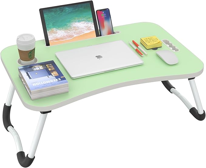 BUYIFY Folding Lap Desk, 23 Inch Portable Wood Green Laptop Bed Desk Lap Desk with Cup Holder, for Working Reading Writing, Eating, Watching Movies for Bed Sofa Couch Floor