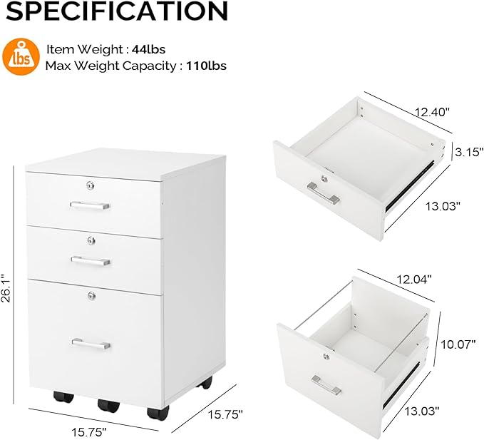 VINGLI 3-Drawer File Cabinet with Lock, Wood Rolling Filing Cabinets for Home Office, Mobile Printer Stand, Under Desk File Organizer for Letter Sized Files, 26" H(Caster Included), White