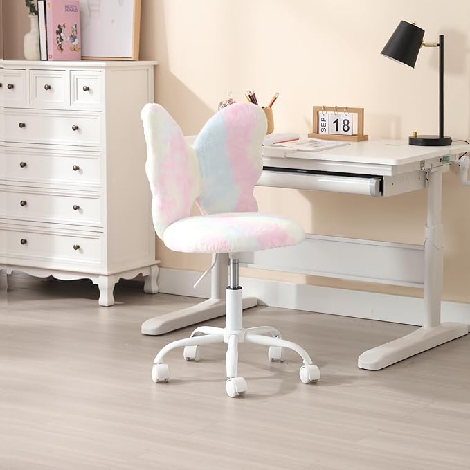 Cute Fuzzy Kids Chair for Teenage Girls Rolling Study Desk Student Chair Furry Computer Task Chair, Adjustable Butterfly Shaped Reading Vanity Chair for Bedroom, Colorful