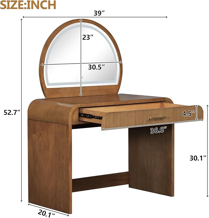 Merax 39" Make Up Vanity Desk with Touch Screen Lighted Mirror and Storage Drawer, Rubber Wood Girls Makeup Dresser Table for Bedroom, Dressing Room