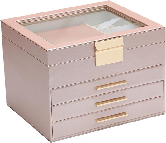 BOOVO Clear Lid Jewelry Box,3 Layers Jewelry Organizer Large Jewelry Storage Box with 2 Drawers,Jewelry Holder Organzier of Rings Earrings Necklace Bracelets for Women (Rose Gold, 4 Layer)