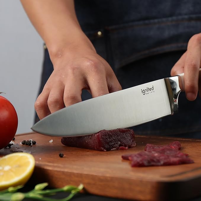 8 inch Chef Knife, High Carbon 1.4116 German Steel Kitchen Knife, Ultra Sharp Chefs Knife with Beautiful White ABS Handle, Professional Cooking Knife with Luxury Gift Box