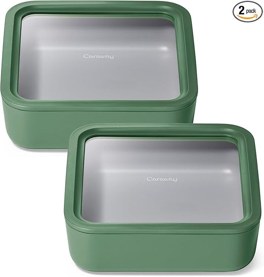 Caraway 2pc Glass Food Storage Set - 10 Cup Food Containers (2) - Ceramic Coated - Non Toxic, Non Stick Lunch Box with Lids. Dishwasher, Oven, & Microwave Safe - Sage