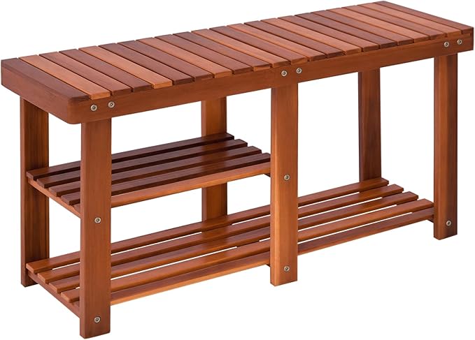 HOMCOM 3-Tier Shoe Rack Bench, Acacia Wood Shoe Organizer, Rustic Entryway Bench with Storage Shelves for Entryway, Hallway, Livingroom, Teak