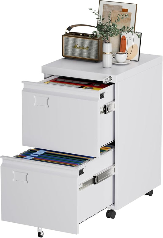 Aobabo 2 Drawer File Cabinet with Wheels, Lockable Metal Filing Cabinet with Business Card Slot for Legal/Letter Size for Home Office, Required Assembled,White