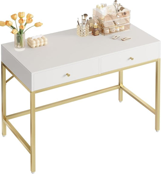 SUPERJARE 31.5" White and Gold Desk with 2 Drawers, Modern Vanity Desk, Small Makeup Table for Home Office Writing Study Bedroom