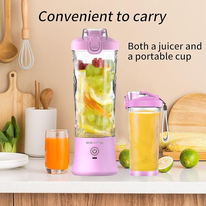 Portable Blender with 20 Oz Travel Cup, Mini Personal Size with 6 Blades and USB Rechargeable for Shakes, Smoothies, Gym, Kitchen and Outdoors (Purple)