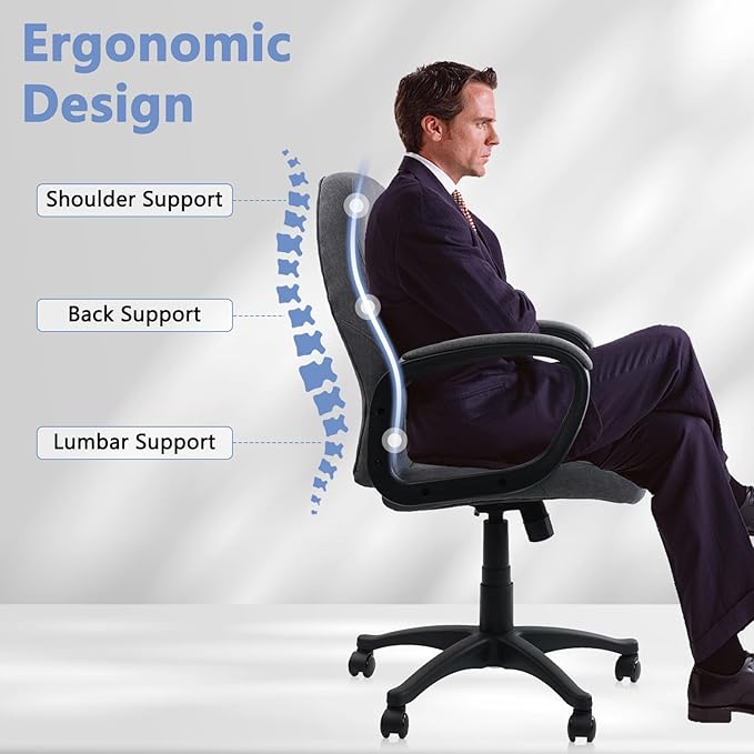 CLATINA Grey Fabric Office Chair Breathable Executive Desk Chairs, Cloth Comfortable Ergonomic Adjustable Height Mid Back Swivel Rolling Computer Task Chair for Home Office, Conference, Study, Work
