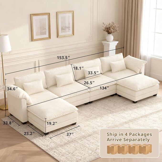 COMHOMA 153" U Shaped Sectional Sofa with Movable 2 Ottomans,Comfy Cloud Modular Couch with Throw Pillows,Modern Chenille Deep Seat Sofa Couches for Living Room,Beige