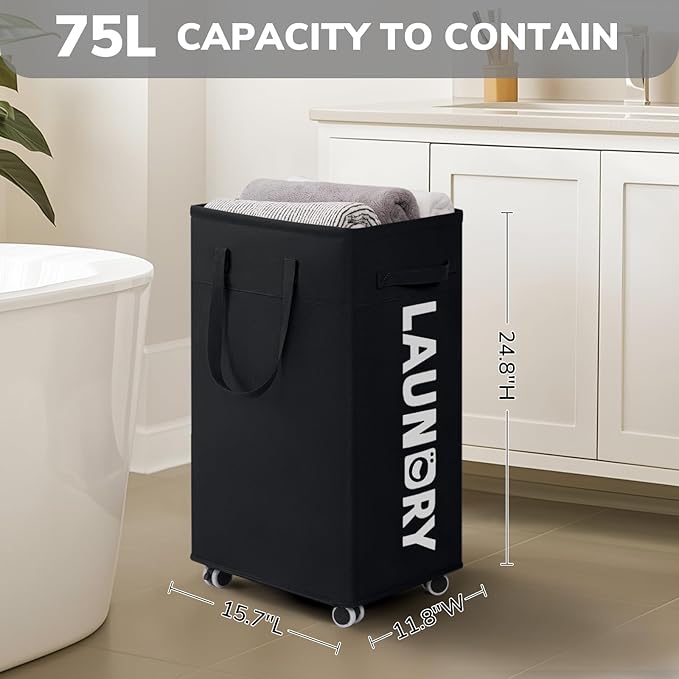 Goodpick Laundry Hamper with Wheels, 75L Dirty Clothes Hamper with Removable Wash Bag for Laundry Room, Black Rolling Laundry Basket
