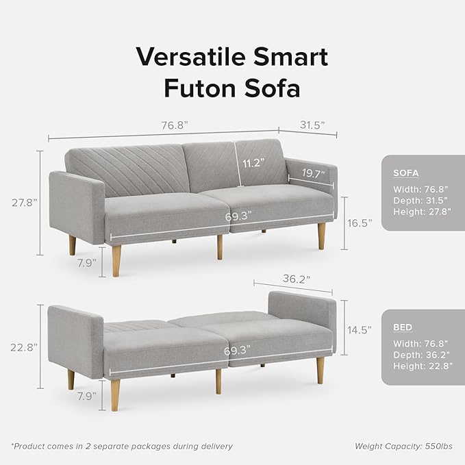 mopio 76.8" Futon Sofa Bed, Small Couch, Sleeper, Loveseat, Mid Century Modern Futon Couch, Sofa Cama, Couches for Living Room (Light Gray Fabric)