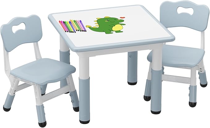 GAOMON Kids Table and 2 Chairs Set with Graffiti Desktop, Height Adjustable Toddler Table and Chairs Set for Reading, Drawing, Playing, Eating