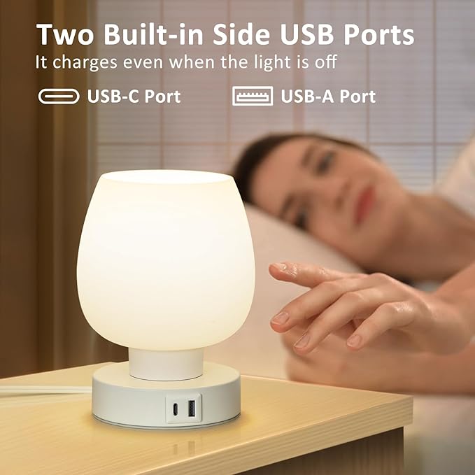 Touch Bedside Table Lamp - Small Lamp for Bedroom with USB C+A Charging Ports 3 Way Dimmable, Nightstand Desk lamp with White Opal Glass Lamp Shade Warm LED Bulb Included, Simple Design Gifts