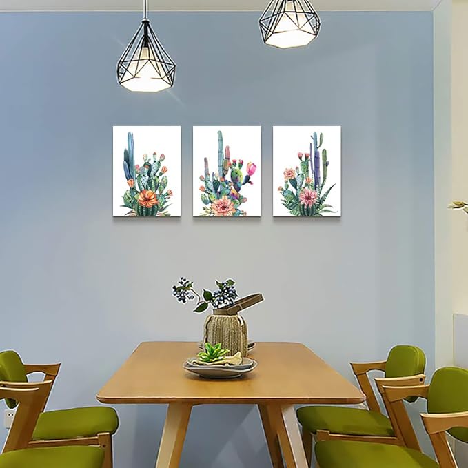 Wall Art for living room Canvas Prints Artwork bathroom Wall Decor Simple Life Green plants cactus Picture Watercolor painting 3 Pieces Framed bedroom wall decorations Office Works Home Decoration