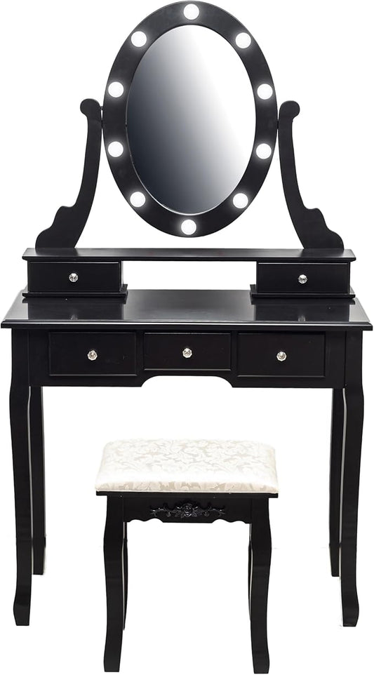 Vanity Desk, Vanity Mirror with Lights and Table Set with 5 Drawers, Wood Makeup Dressing Table with Oval Mirror & Stool for Bedroom Women Girls，Black
