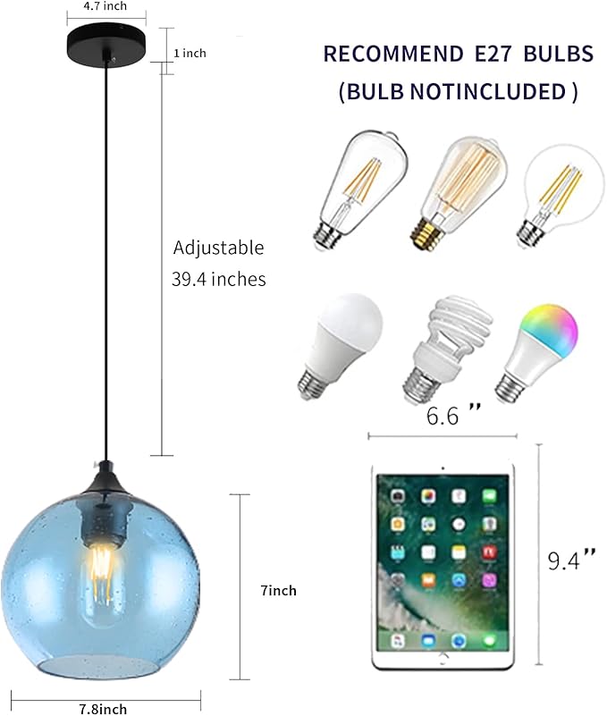 Blue Pendant Lights Kitchen Island Lighting Modern Globe Hand Blown Glass Pendant Light Ceiling Hanging Light fixtures for Kitchen Island Bedroom Living Dining Room Light Fixture,7.8in 2Pack