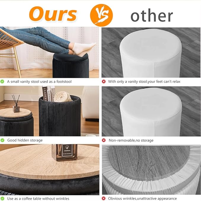Round Ottoman with Storage Set of 2-Upholstered Sherpa Vanity Stool for Makeup Multifunctional Ottomans Coffee Table Padded Seat Foot Rest (Black)