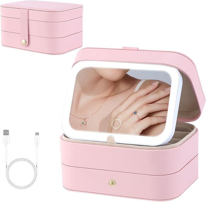 Travel Jewelry Case with LED Lighted Mirror, Personalized Birthday Gifts for Women Girls Kids, 2-Layer Portable Travel Jewelry Organizer, Travel Essentials (Pink)
