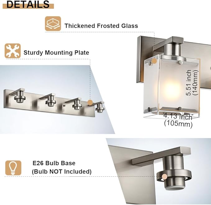 Modern 3-Lights Brushed Nickel Vanity Lights, Bathroom Light Fixture Over Mirror Wall Lighting Sconces with Frosted Glass Shades, E26 Bulb Base