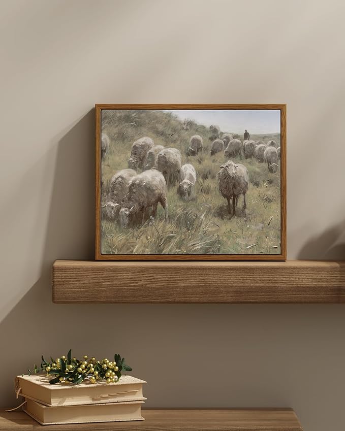 InSimSea Framed Canvas Wall Art Vintage Decor, Landscape Wall Art Prints, Sheep Grazing amidst the Hills Canvas Art Wall Decoration, Vintage Art Farmhouse Bedroom, 11"x14"